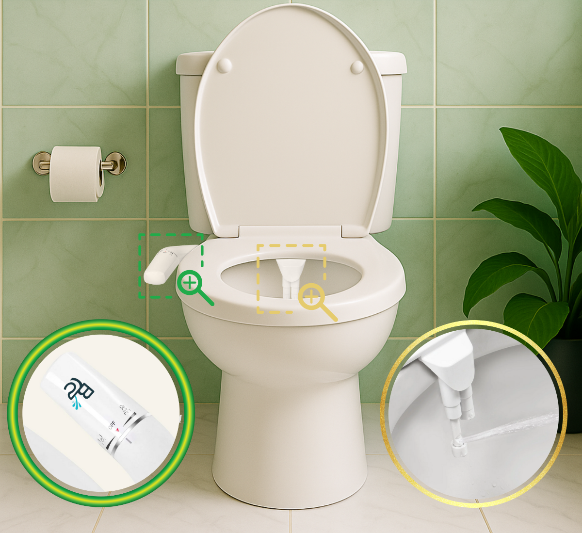 Bidet BelmaJet installé sur WC standard – Vue de face avec deux zoom sur la poignée et jet d'eau